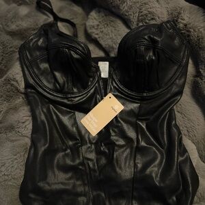 Popilush Black Faux Leather Bustier bodysuit NWT